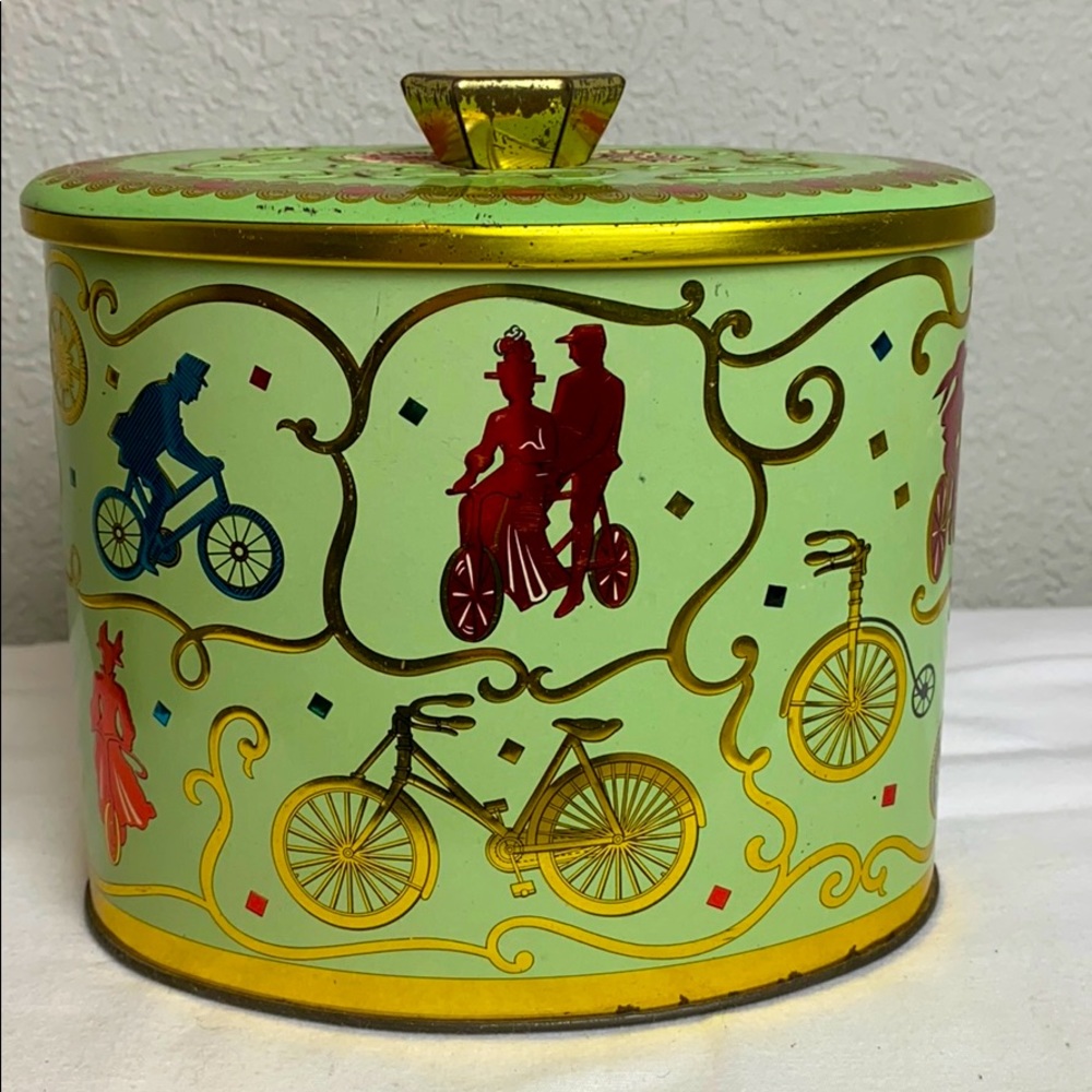 Baret Ware bicycle mint green oval tin with top